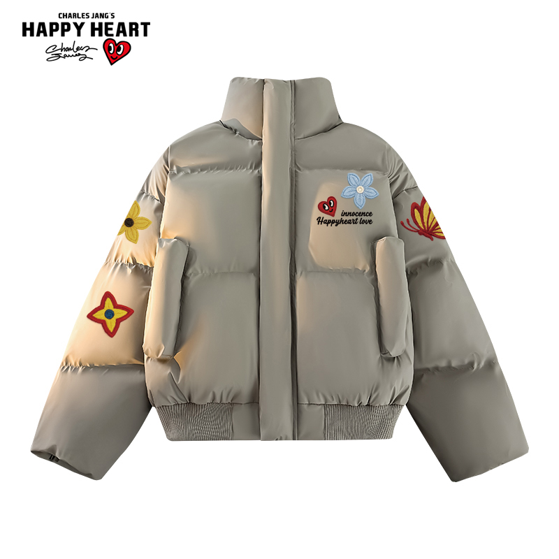 查尔斯桃心立领面包服棉衣男女加绒保暖冬季蝴蝶花卉印花棉服外套