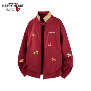 查尔斯桃心本命红色马年夹克男春秋季新款格纹立领情侣教练服外套