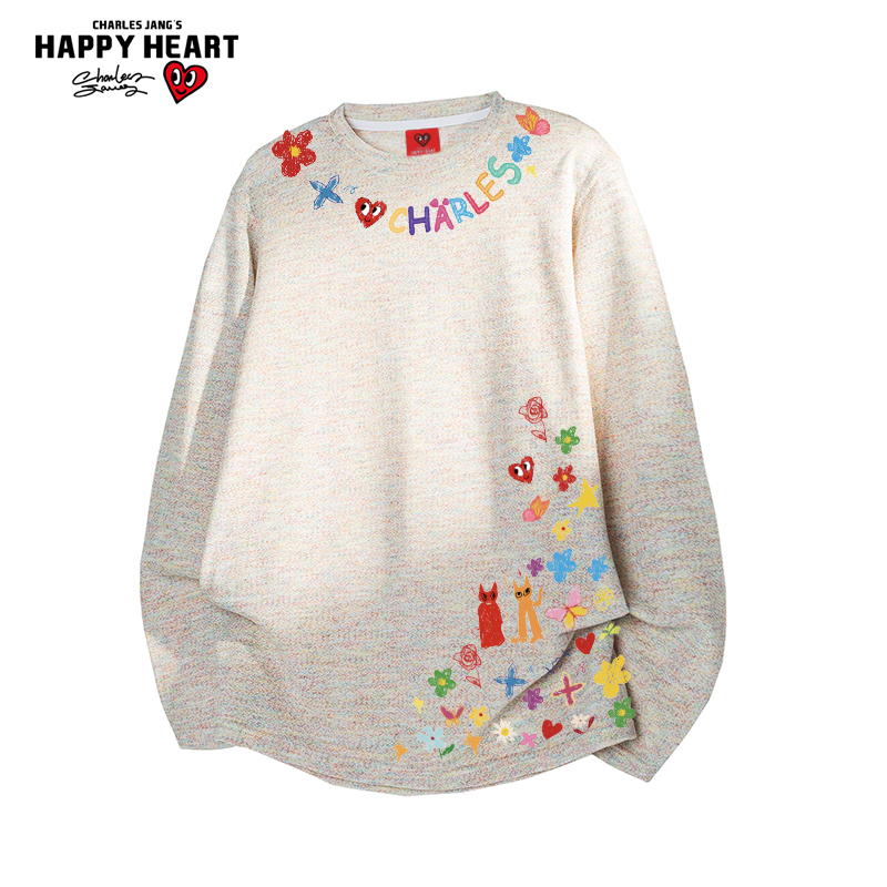 查尔斯桃心涂鸦印花轻薄微透罩衫长袖T恤男女情侣休闲圆领上衣ins