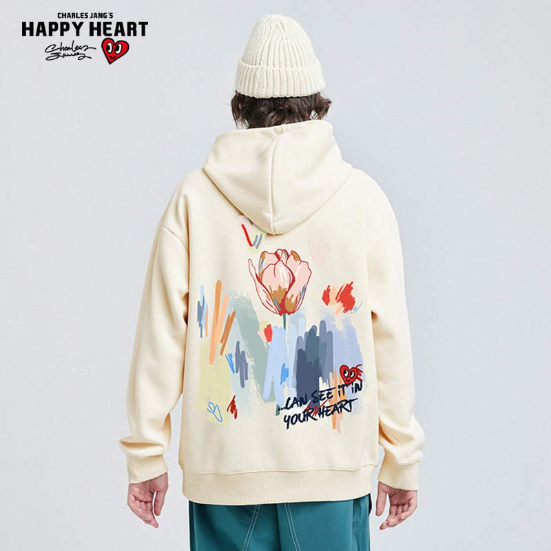 查尔斯桃心 花卉卫衣男连帽2026新款春秋季潮牌宽松爱心刺绣外套