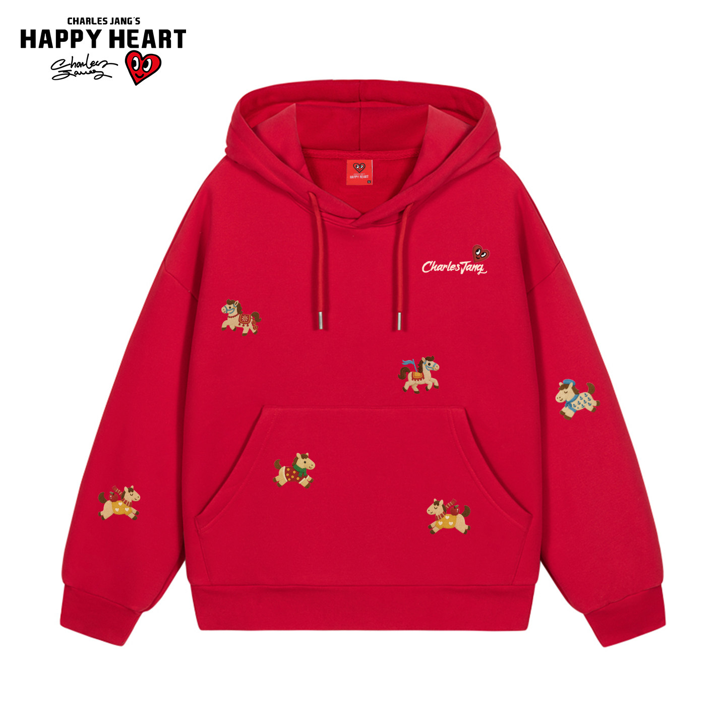 查尔斯桃心马年贺岁款加绒连帽卫衣男女春秋宽松情侣红色上衣打底