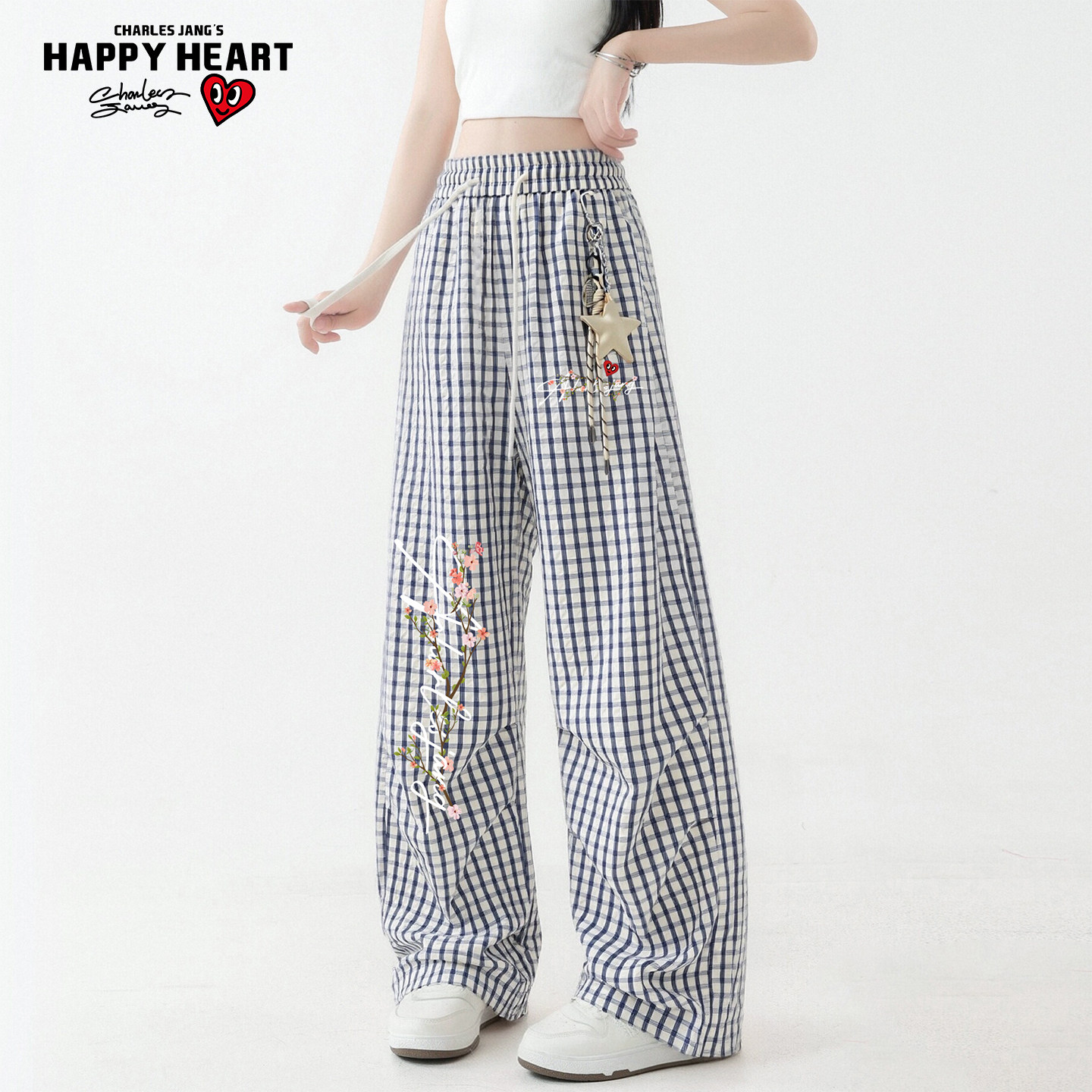 查尔斯桃心格纹休闲裤夏季宽松撞色直筒裤子慵懒风情侣垂感长裤潮