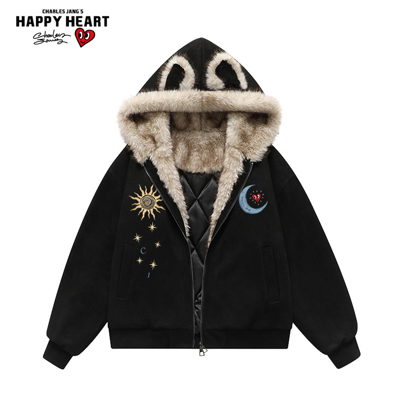 查尔斯桃心加绒加厚连帽棉衣男女