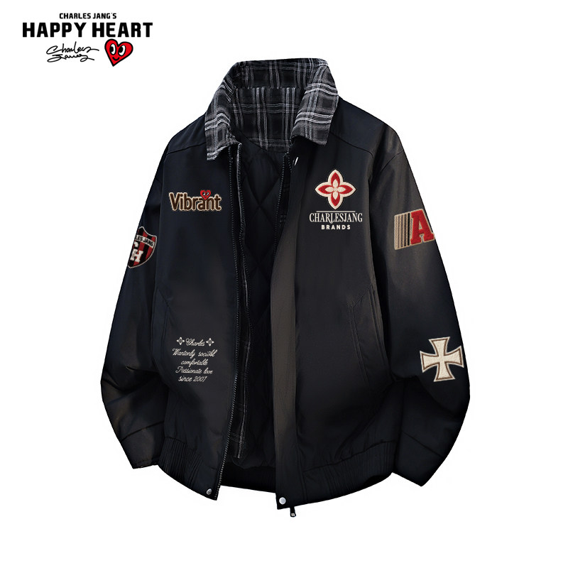 查尔斯桃心假两件翻领棉服男女冬季新款保暖加厚情侣印花棉衣外套