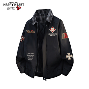 查尔斯桃心假两件翻领棉服男女冬季新款保暖加厚情侣印花棉衣外套