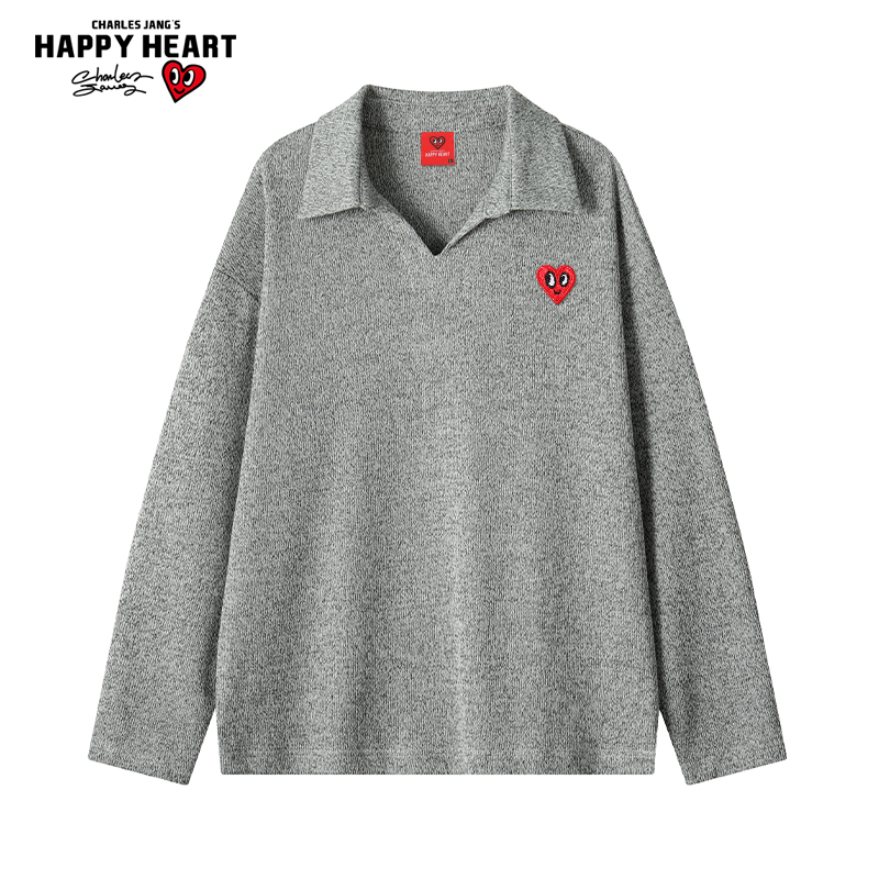 查尔斯桃心老钱风v领长袖T恤男士秋季宽松休闲情侣运动潮牌上衣服