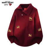 查尔斯桃心 新年小马印花设计感毛衣休闲保暖套头针织衫 线衣情侣