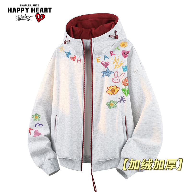 查尔斯桃心 涂鸦印花开衫卫衣男女冬季美式加绒加厚保暖连帽外套