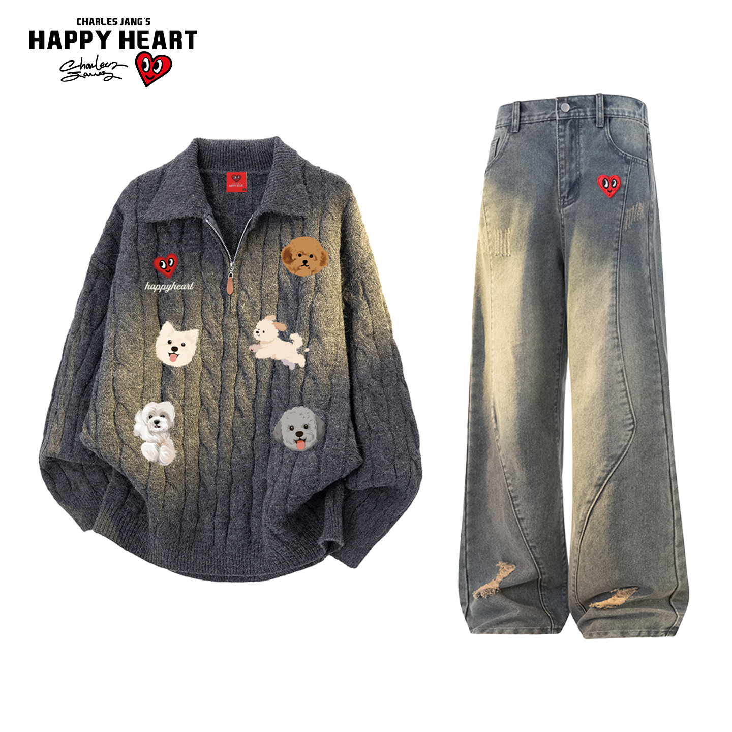 查尔斯桃心休闲套装针织衫两件装