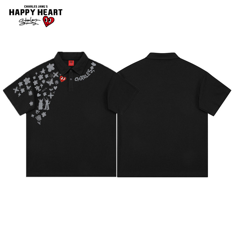 查尔斯桃心 趣味涂鸦印花短袖POLO衫男夏季潮牌新款翻领休闲上衣