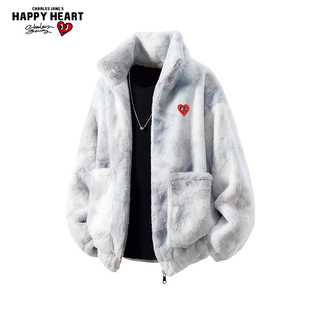 查尔斯桃心扎染立领羊羔绒棉衣男女秋冬季 2025宽松休闲棉袄外套潮