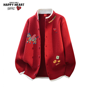 查尔斯桃心马年2026新款红色针织衫外套男女冬季慵懒宽松情侣毛衣