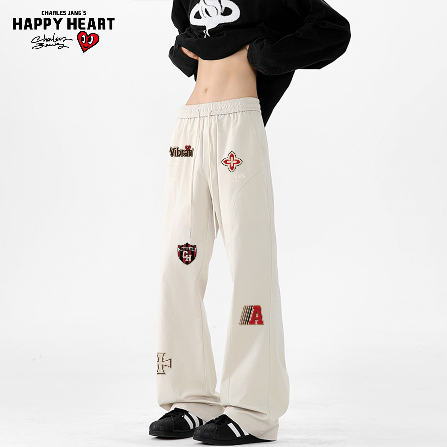 查尔斯桃心美式印花微喇弯刀裤子男女春秋季情侣高街显瘦拖地长裤