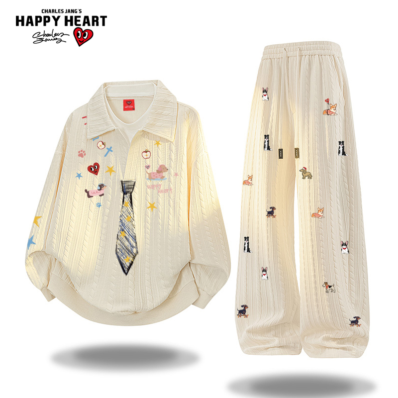 查尔斯桃心学院风假两件卫衣套装男女秋冬季新款宽松直筒长裤子潮