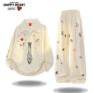 宽松直筒长裤 新款 子潮 男女秋冬季 查尔斯桃心学院风假两件卫衣套装