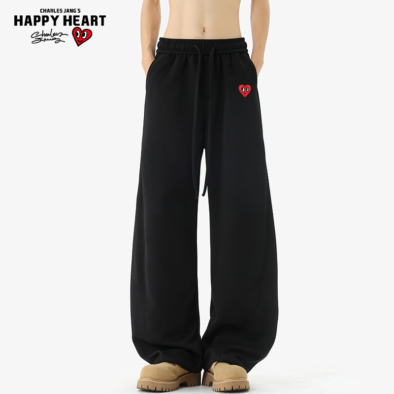 查尔斯桃心美式解构弯刀卫裤男女冬季加绒加厚直筒阔腿运动长裤子