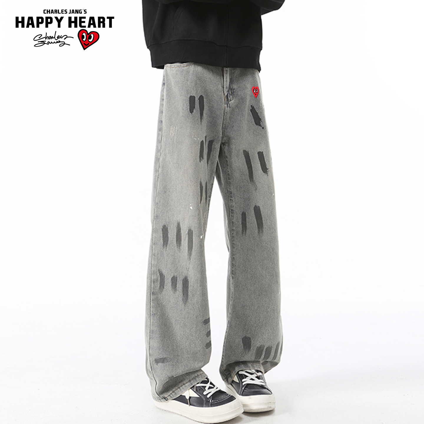 查尔斯桃心美式复古泼墨牛仔裤男春秋冬季水洗宽松直筒微喇长裤子