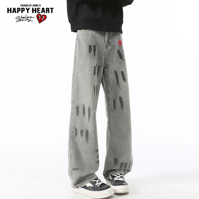 查尔斯桃心美式复古泼墨牛仔裤男春秋冬季水洗宽松直筒微喇长裤子