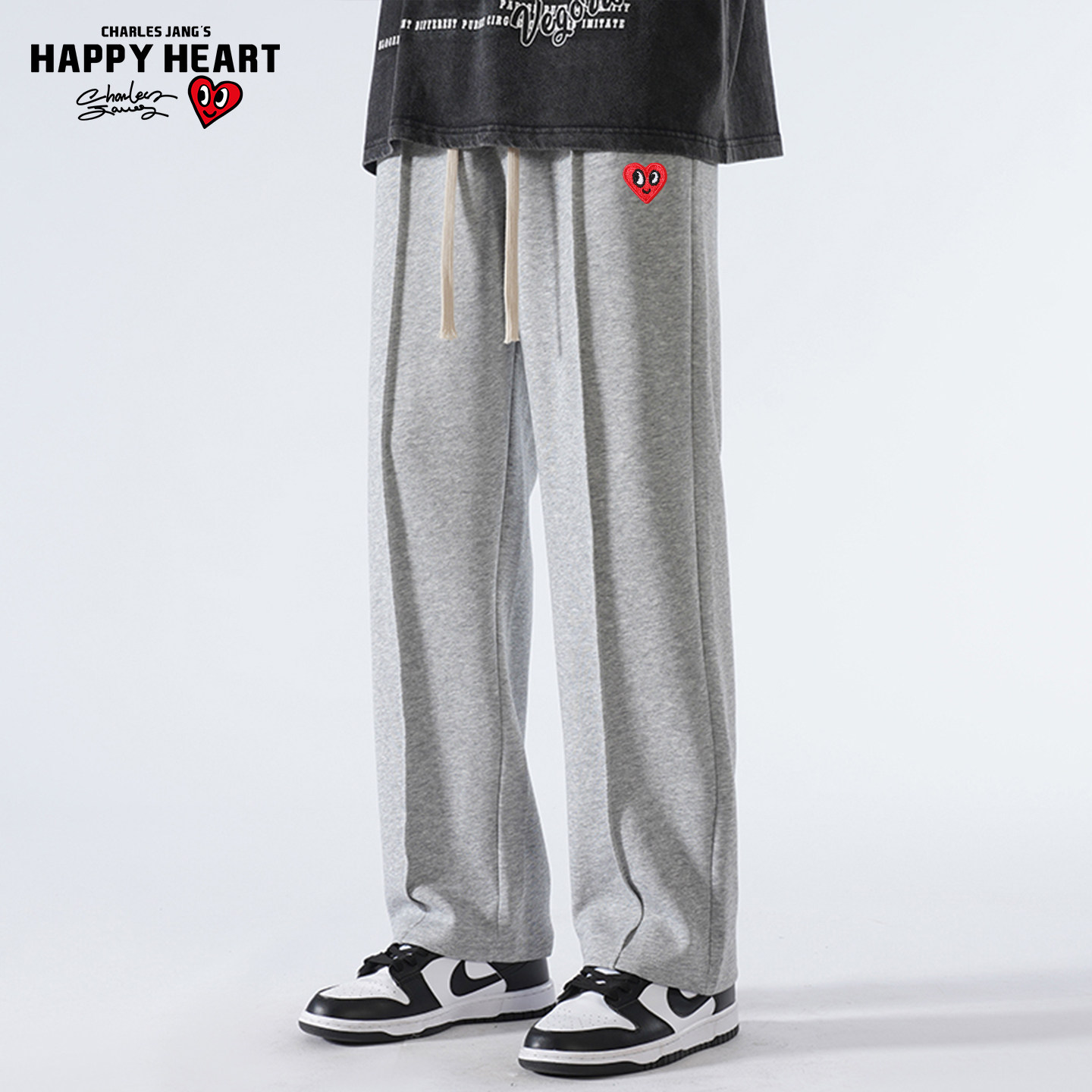 查尔斯桃心 美式重磅休闲运动长裤子男款春秋季宽松拖地阔腿卫裤