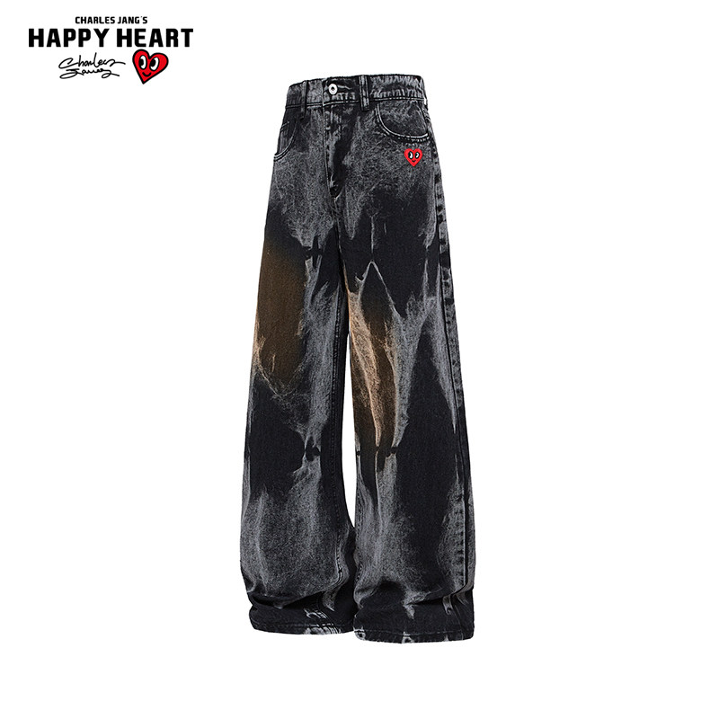 查尔斯桃心 痞帅扎染高街黑色牛仔裤男女新款潮牌休闲宽松长裤子