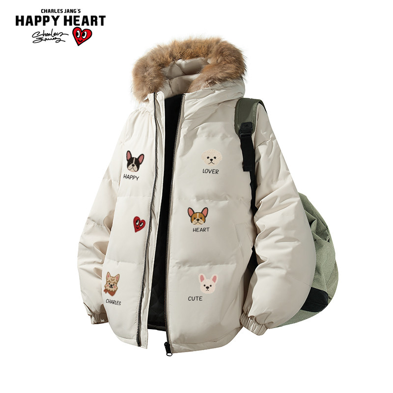 查尔斯桃心小狗印花毛领羽绒服冬季新款男女保暖加厚防寒连帽外套
