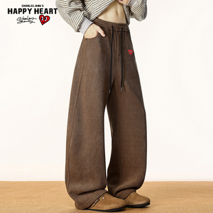 宽松加厚保暖阔腿休闲长裤 男女冬季 复古加绒弯刀裤 查尔斯桃心美式