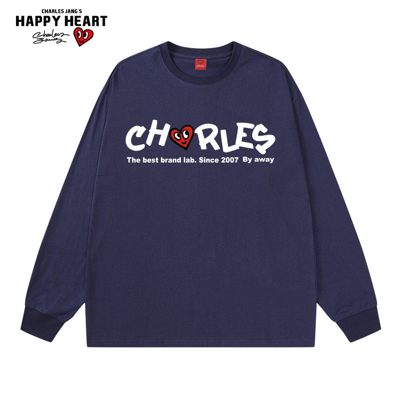 查尔斯桃心 长袖t恤男纯棉春秋季2025新款爱心刺绣宽松内搭打底衫