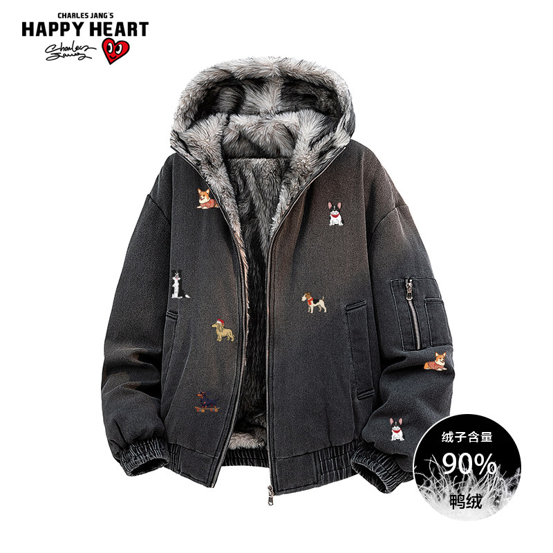 查尔斯桃心小狗印花美式复古90羽绒服男女冬季2025新款加厚外套潮
