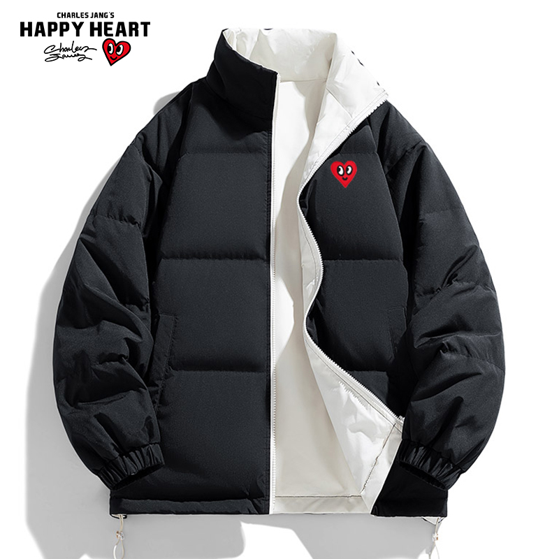 查尔斯桃心双面穿冬季新款90白鸭绒立领羽绒服男士面包服保暖御寒