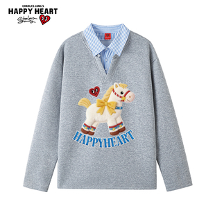 查尔斯桃心小马印花休闲卫衣男女春秋季新款宽松情侣长袖上衣T恤