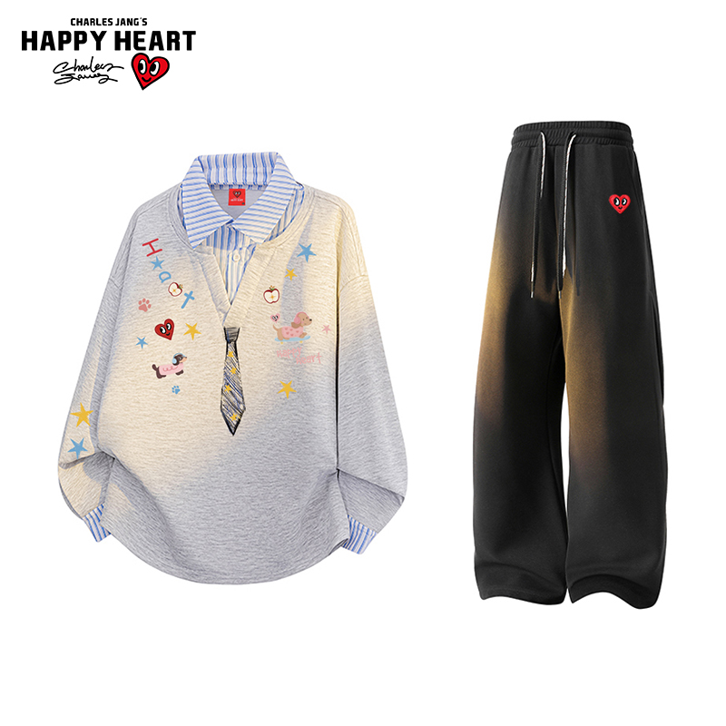 查尔斯桃心假两件卫衣休闲套装
