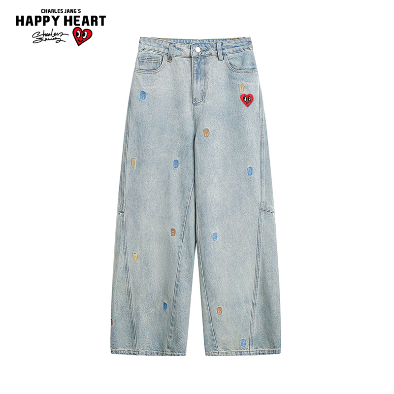 查尔斯桃心美式卡通刺绣牛仔裤男水洗宽松复