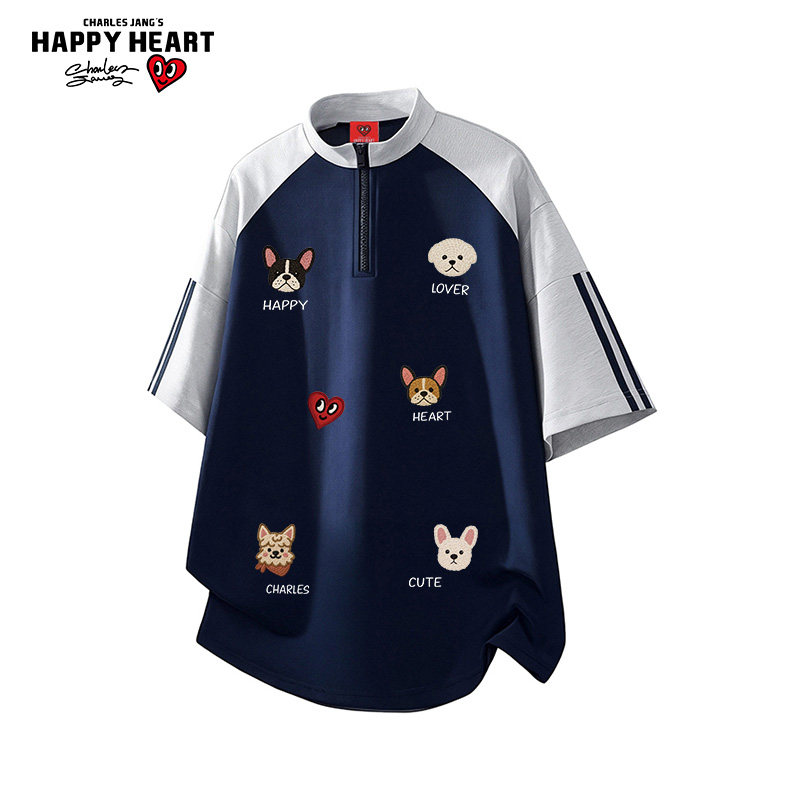 查尔斯桃心 撞色拼接半拉链短袖t恤男女夏季透气休闲情侣半袖上衣,男装,T恤,淘宝优惠券,粉丝福利购,淘宝优惠卷