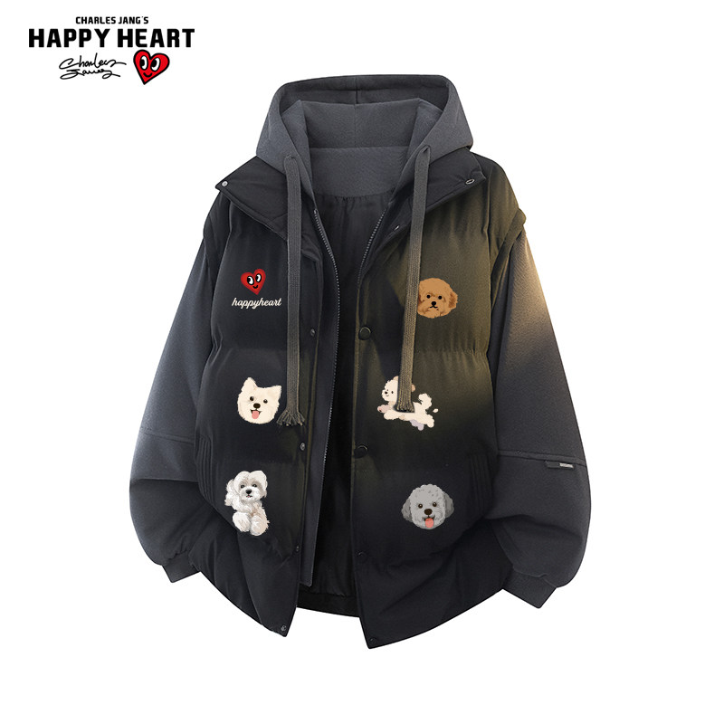查尔斯桃心小狗印花假两件棉服男女冬季新款