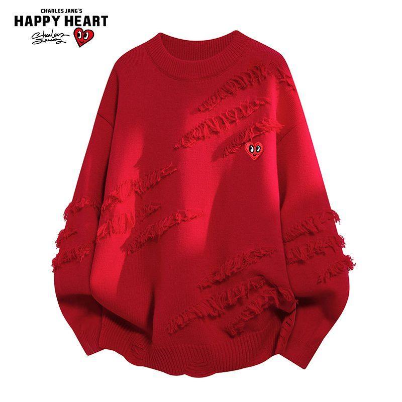 查尔斯桃心本命红色马年破洞流苏圆领毛衣男秋冬季慵懒情侣针织衫,男装,针织衫/毛衣,淘宝优惠券,粉丝福利购,淘宝优惠卷