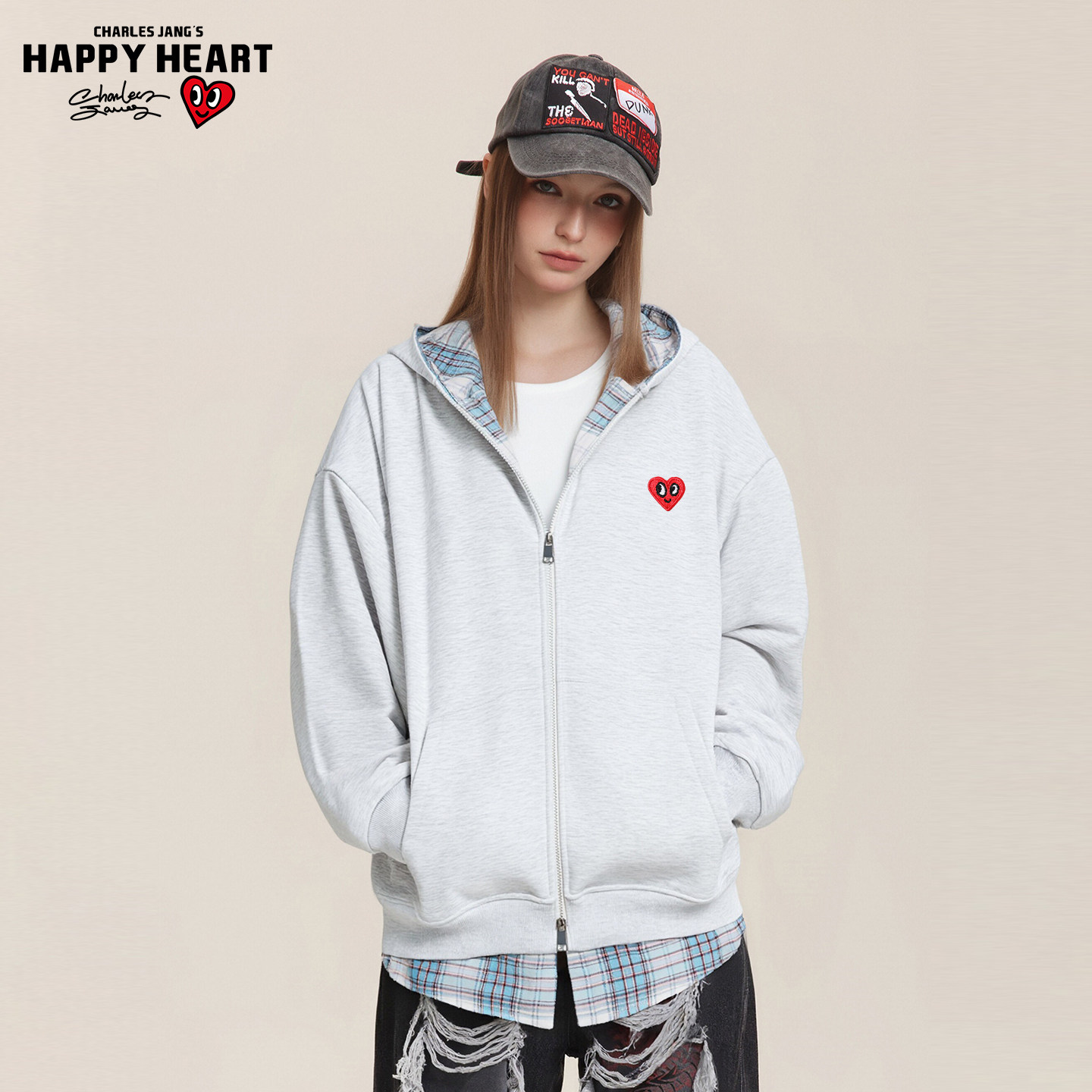 查尔斯桃心美式拼接格子假两件外套男女秋冬加绒情侣连帽开衫卫衣