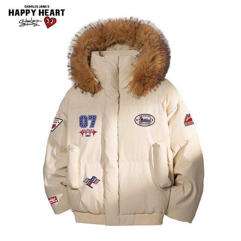 查尔斯桃心 美式赛车徽章毛领连帽棉衣男女冬季加厚保暖棉服外套