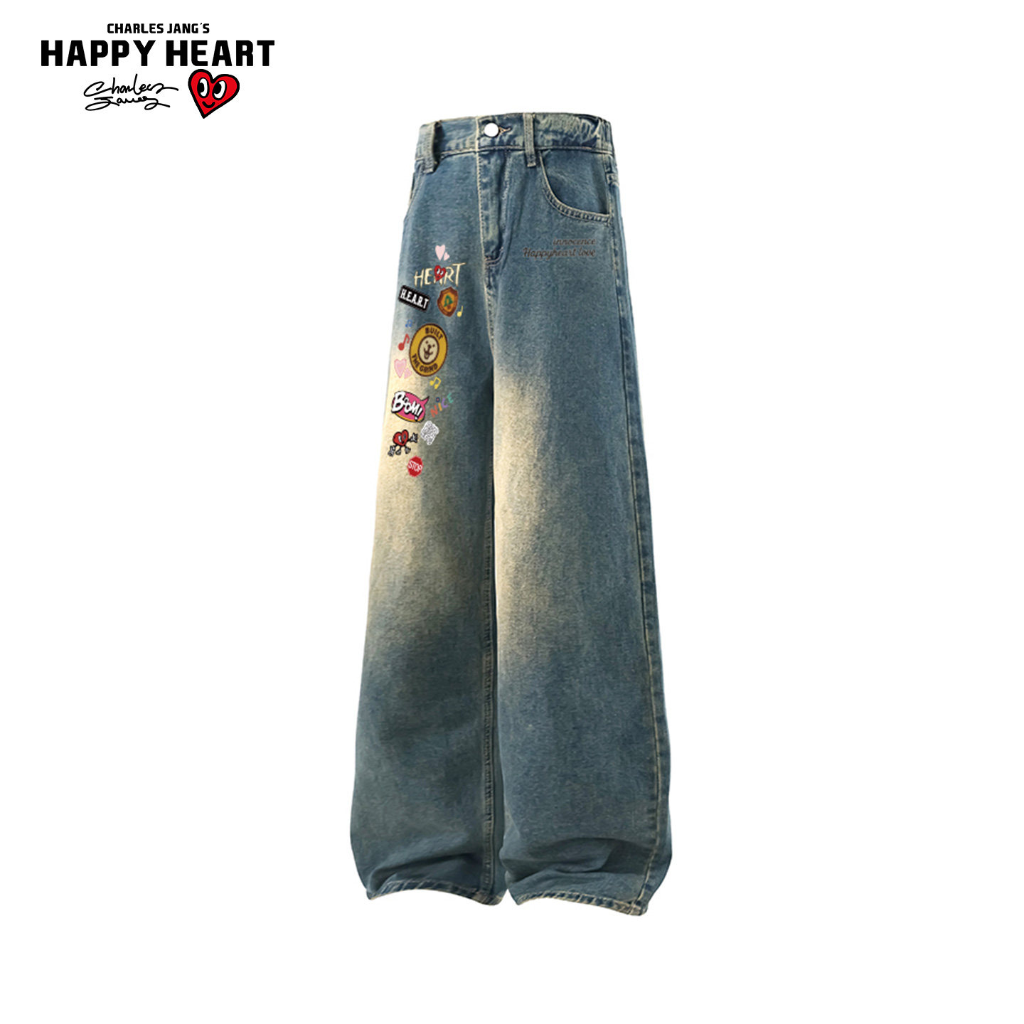 查尔斯桃心美式卡通印花牛仔裤男春秋宽松阔腿水洗复古微喇长裤子