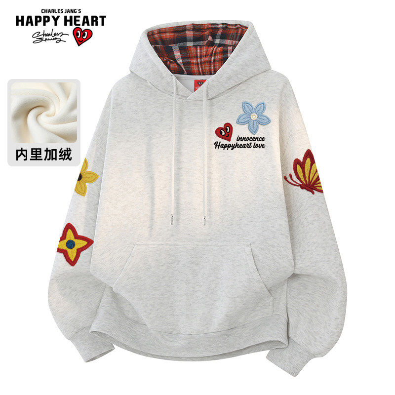 查尔斯桃心美式连帽卫衣男女冬季花卉蝴蝶印花加厚保暖情侣上衣潮