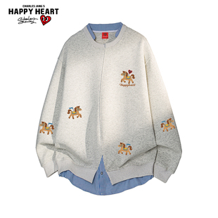查尔斯桃心马年2026新款圆领假两件卫衣男女春秋季新款拼接上衣潮