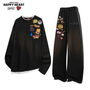 绵羊绒两件装 涂鸦圆领卫衣垂感长裤 男秋冬季 查尔斯桃心休闲套装