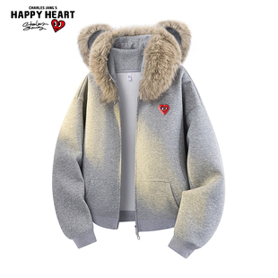休闲学院风情侣外套 卫衣男春秋冬季 查尔斯桃心 小熊毛绒耳朵开衫
