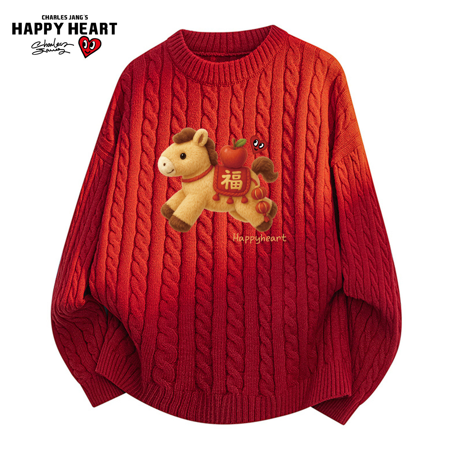 查尔斯桃心马年迎春红色圆领毛衣男秋冬季小马印花麻花条纹上衣
