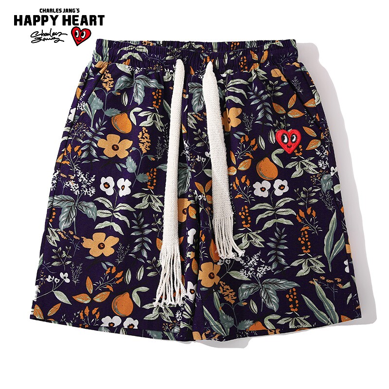 查尔斯桃心美式夏威夷沙滩短裤男植物花卉满印夏季宽松休闲五分裤