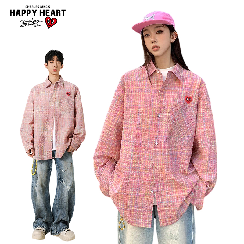 查尔斯桃心泡泡格纹长袖衬衫男