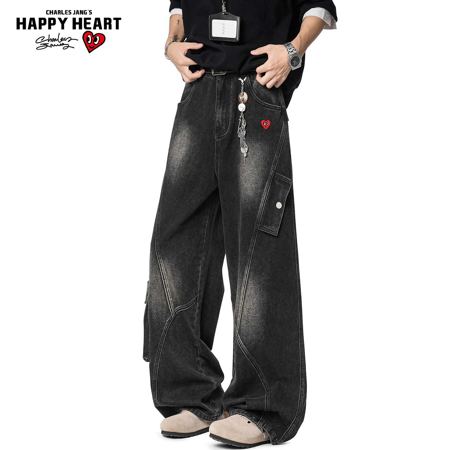 查尔斯桃心美式解构拼接工装牛仔裤男秋冬季潮牌多口袋拖地长裤子,男装,牛仔裤,淘宝优惠券,粉丝福利购,淘宝优惠卷