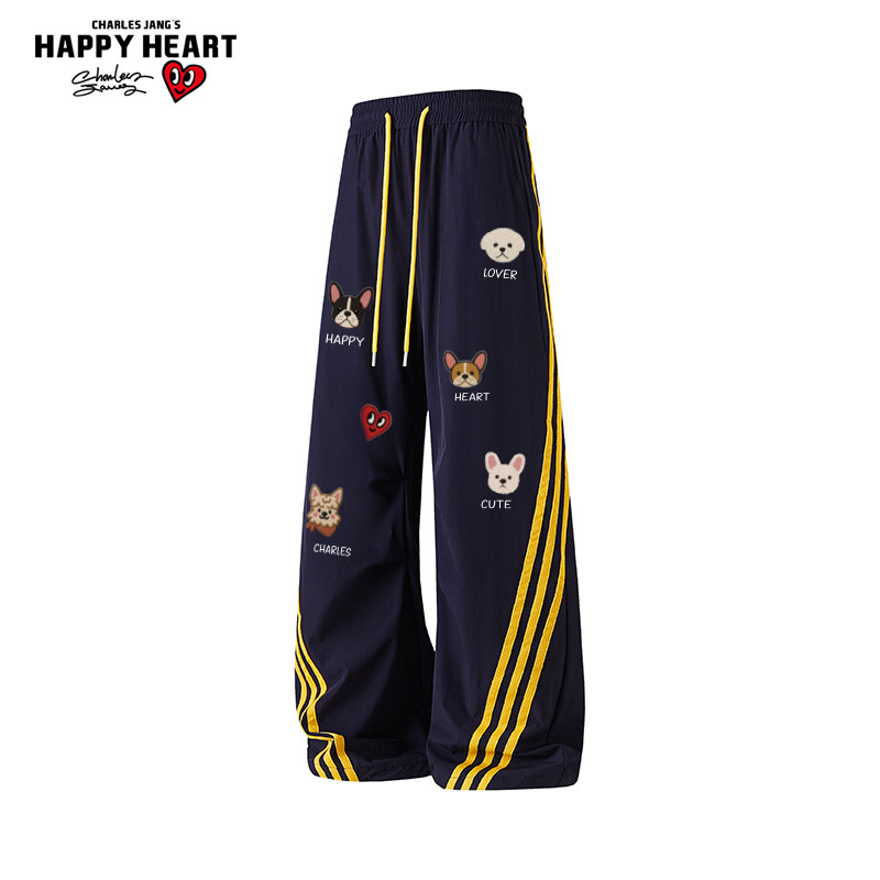 查尔斯桃心小狗印花美式条纹拖地裤男女春秋季直筒运动休闲长裤子,男装,休闲裤,淘宝优惠券,粉丝福利购,淘宝优惠卷