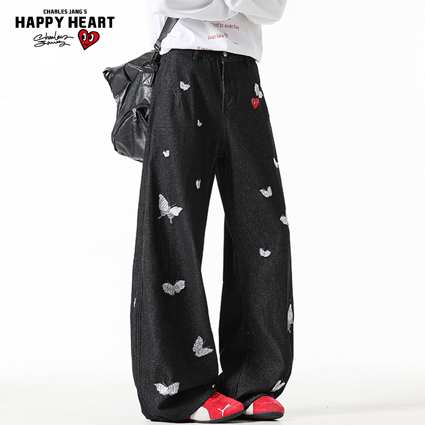 查尔斯桃心美式复古蝴蝶刺绣牛仔裤男女春秋冬季宽松直筒阔腿裤子