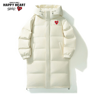 查尔斯桃心 90绒纯色中长款羽绒服男女冬季加厚保暖连帽御寒外套