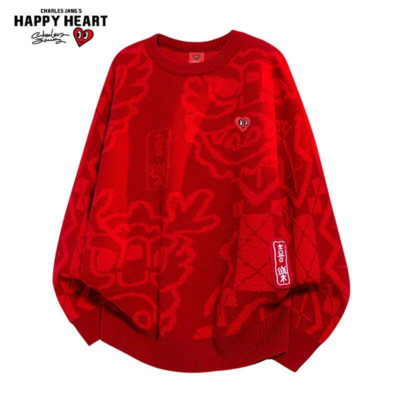 查尔斯桃心红色2026新款针织毛衣